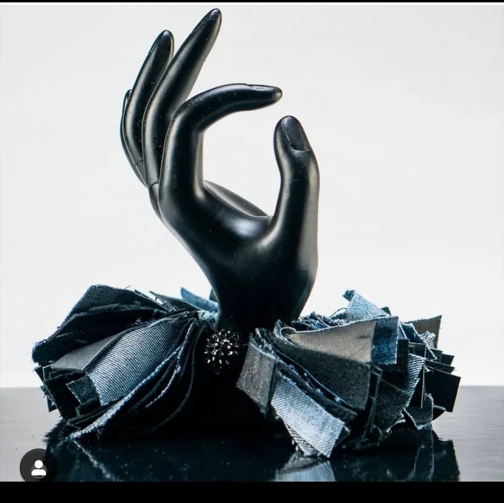 Black And Blue Leather And Denim Bracelet